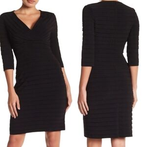 Adrianna Papell Black Ruched Bodycon Dress with V-Neck and 3/4 Sleeves 6P